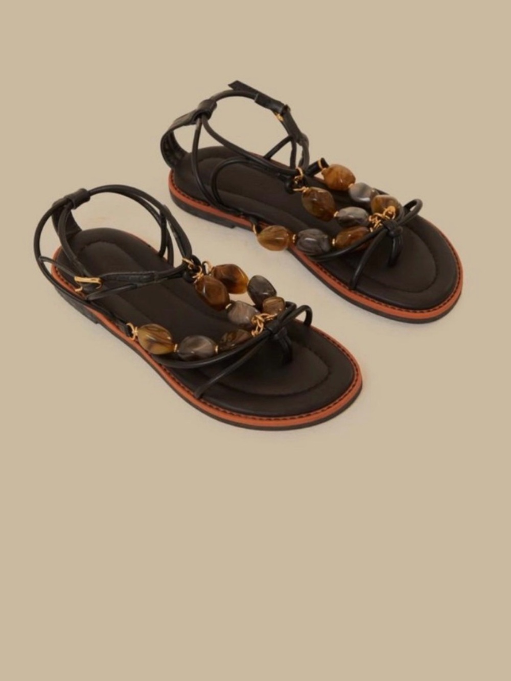 FARM Rio Black T-Strap Sandals with Amber Bead Accents
